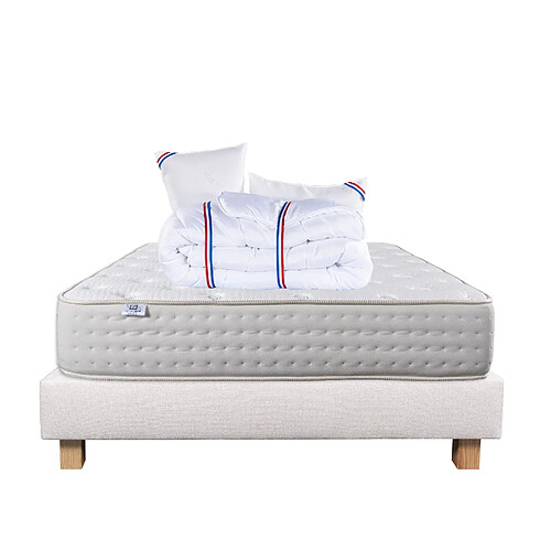 LUXURY LITERIE Ensemble matelas Purlux 140x200 cm + sommier beige ep20cm + 2 oreillers + couette