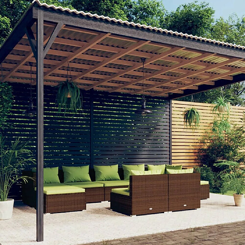 vidaXL Salon de jardin avec coussins 9 pcs marron résine tressée