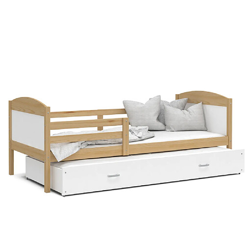 Kids Literie Lit Gigogne Mateo 90x190 Pin - blanc Livré avec sommiers, tiroir et matelas en mousse de 7cm