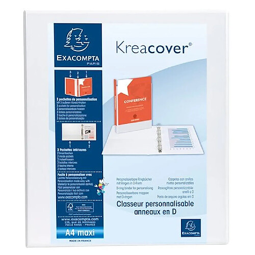 Exacompta Classeur PP personnalisable Kreacover - 2 anneaux en D 25mm - A4 maxi - Blanc - Lot de 10