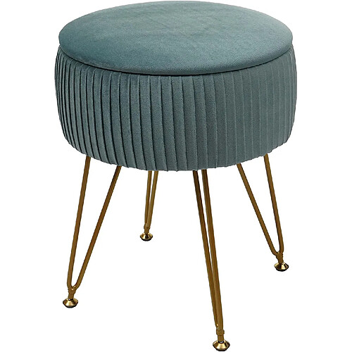 Decoshop26 Tabouret avec compartiment de rangement Ø 33cm aspect velours vert clair cadre doré TABO04014