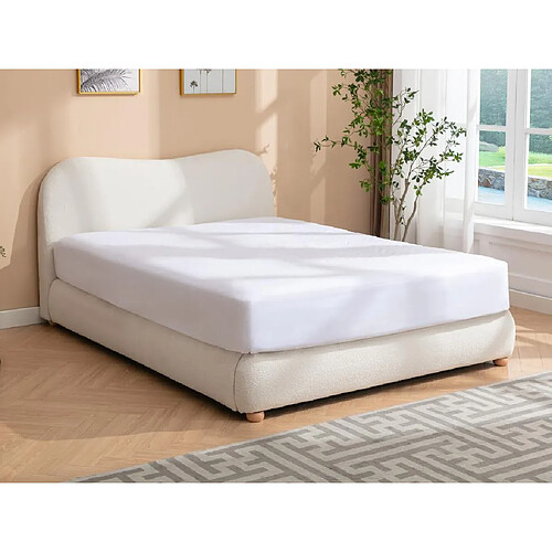 Vente-Unique Lit coffre 140 x 190 cm - Tissu bouclette - Blanc + Matelas - VANARI