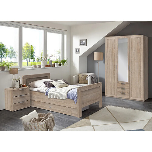 Pegane Chambre à coucher complète enfant (lit 90x200cm+ tiroir + chevet + armoire) coloris imitation chêne