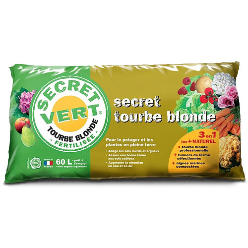 Secret Vert Tourbe blonde potager et plantes en pleine terre 60 litres.