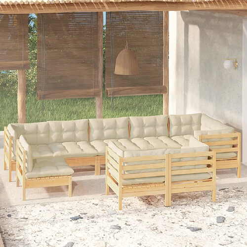 vidaXL Salon de jardin 9 pcs avec coussins crème bois de pin massif