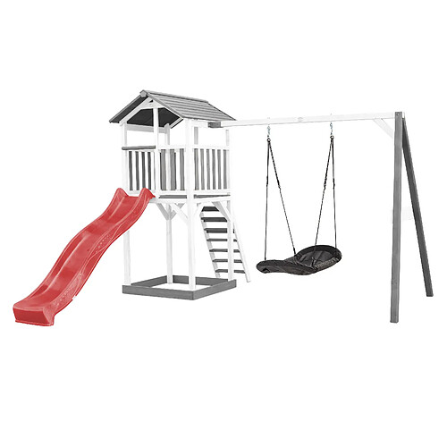 AXI Beach Tower Aire de Jeux BLANC avec Toboggan en Rouge, Balançoire Nid d'oiseau Noir & Bac à Sable | Grande Maison Enfant extérieur en Gris & BLANC | Cabane de Jeu en Bois FSC