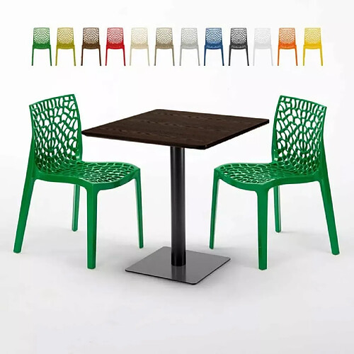 Grand Soleil Table carrée 70x70 plateau effet bois avec 2 chaises colorées Gruvyer Melon - Vert