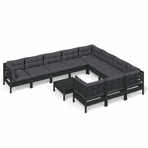 Maison Chic Salon de jardin 11pcs + coussins - Mobilier/Meubles de jardin - Table et chaises d'extérieur Noir Bois de pin -MN31364