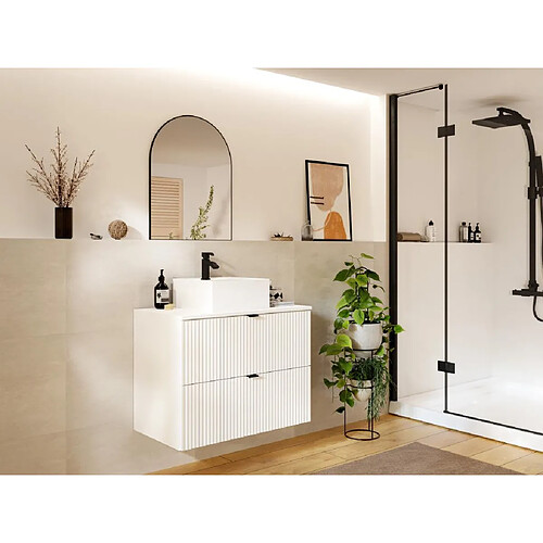 Vente-Unique Meuble de salle de bain suspendu strié avec vasque carrée à poser - Blanc mat - 80 cm - ZEVINI