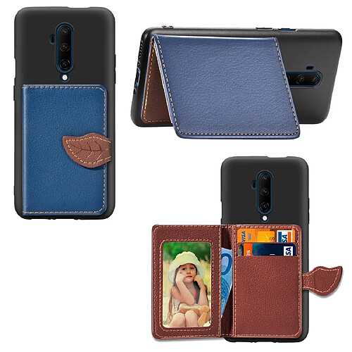 Wewoo Coque Pour OnePlus 7T Pro Leaf Buckle Litchi Texture Titulaire de la carte PU + TPU Case avec fente et portefeuille et support et cadre photo bleu