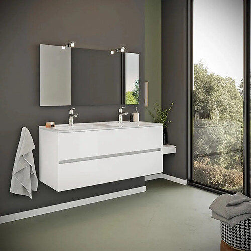 Kiamami Valentina MEUBLE DE SALLE DE BAIN BLANC BRILLANT 120CM, TIROIRS ET DOUBLE LAVABO | BENACO