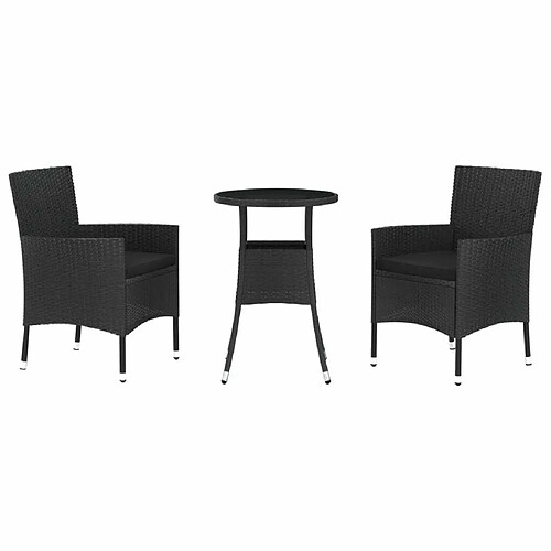 Maison Chic Ensemble de bistro 3 pcs coussins,Table + chaises + coussins de jardin noir poly rotin -GKD532754