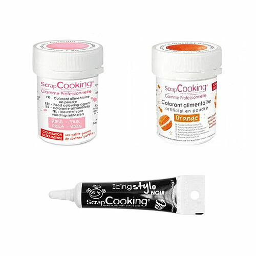 Scrapcooking 2 colorants alimentaires orange-rose poudré + Stylo glaçage noir