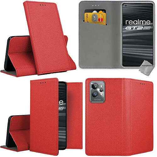 Htdmobiles Housse etui portefeuille avec coque intérieure en silicone pour Realme GT 2 Pro 5G + film ecran - ROUGE MAGNET