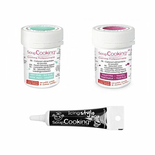 Scrapcooking 2 colorants alimentaires pourpre-vert d'eau + Stylo glaçage noir