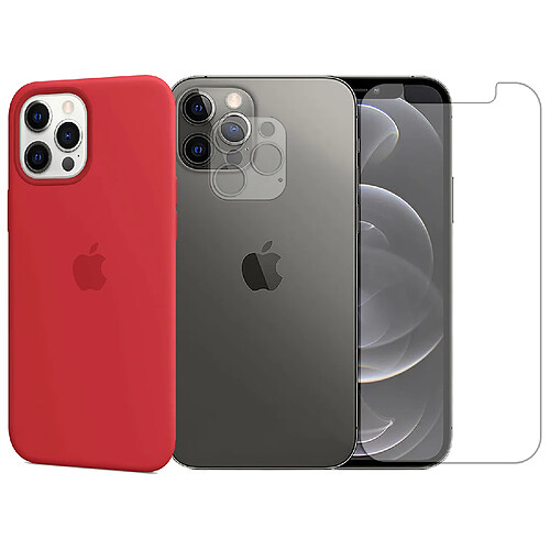 Protection intégrale Verre Trempé pour iPhone 12 Pro + Verre Trempé Caméra Arrière + Coque souple silicone Rouge -Visiodirect -