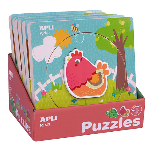 Apli Présentoir Puzzle en Bois - 198x198x18 mm - 6 Puzzles avec Cycle de Vie et Animal - Guide Imprimé - Haute Valeur Pédagogique - Couleur Naturelle