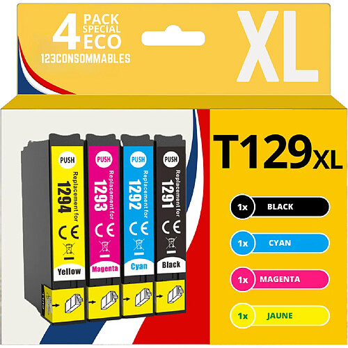 123CONSOMMABLES - T1295 - Cartouches Encre Compatible avec Epson T1295 pour Stylus SX525WD SX535WD SX425W SX230W Office BX635FWD BX305FW Workforce WF-3520 (1 Noir / 1 Cyan / 1 Magenta / 1 Jaune)