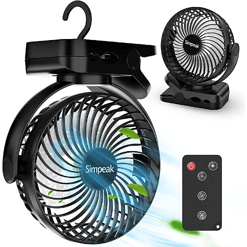 (10000mAh, Noir) Ventilateur de Bureau, Ventilateur à Clipser avec Télécommande, Ventilateur de Camping Réglable 720 avec 3 LED de Luminosité et 3 Vitesses de Vent, Ventilateur Portable Rechargeable par USB