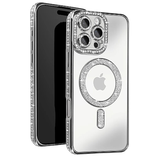 Avizar Coque Diamant pour iiPhone 16 Pro Max MagSafe Contour Strass Argent