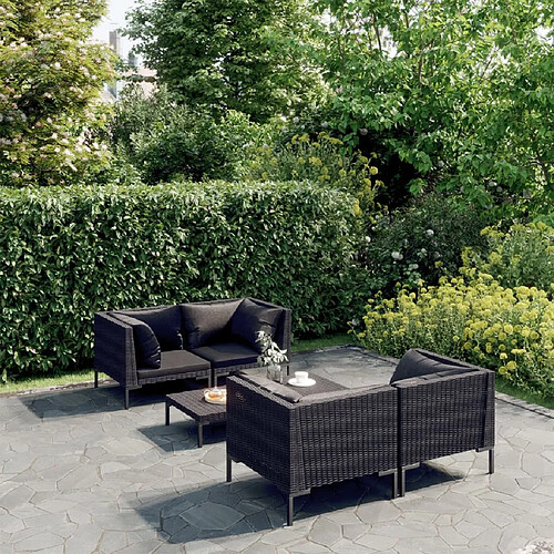 vidaXL Salon de jardin 5 pcs avec coussins Résine tressée Gris foncé