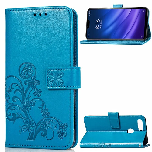 Wewoo Housse Coque Étui en cuir motif de fleurs pressées Lucky Clover pour Xiaomi Mi 8 Lite, avec support et emplacements pour cartes, ainsi que portefeuille dragonne (bleu)