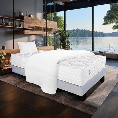 LUXURY LITERIE Ensemble Matelas Patriote Mousse, 27 cm, mousses haute densité , ferme, face été/hiver+sommier gris ep20cm+oreiller+couette, 90x190cm