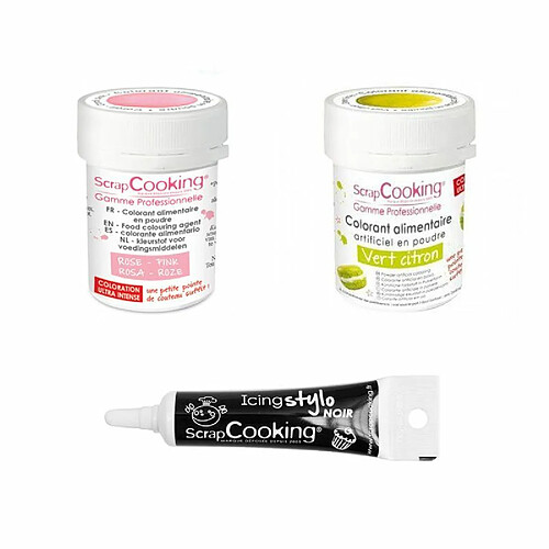 Scrapcooking 2 colorants alimentaires vert citron-rose poudré + Stylo glaçage noir