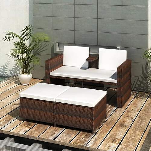 vidaXL Salon de jardin 4 pcs avec coussins Résine tressée Marron