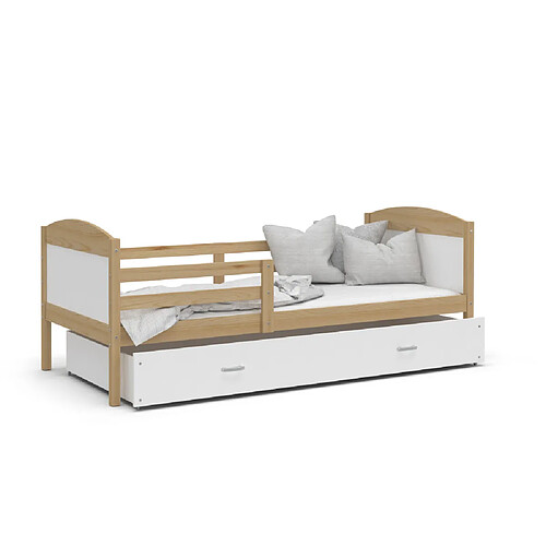 Kids Literie Lit Enfant Mateo 90x190 Pin - blanc Livré avec sommiers, tiroir et matelas en mousse de 7cm