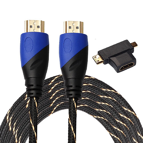 Wewoo Câble noir 5m HDMI 1.4 Version 1080P tissé net ligne bleu tête HDMI Mâle à HDMI Audio Vidéo Connecteur avec Mini HDMI et Micro HDMI HDMI 3 dans 1 ensemble d'adaptateurs