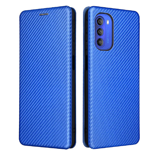 Coque en TPU + PU texture en fibre de carbone avec béquille en anneau et porte-carte bleu pour votre Motorola Moto G51 5G