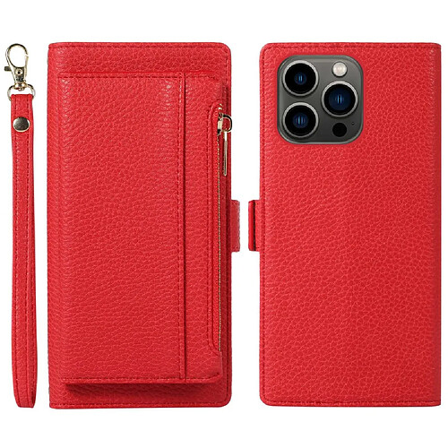 Etui en PU texture litchi, antichoc, magnétique avec support, pochette à fermeture éclair et sangle pour votre iPhone 14 Pro Max - rouge