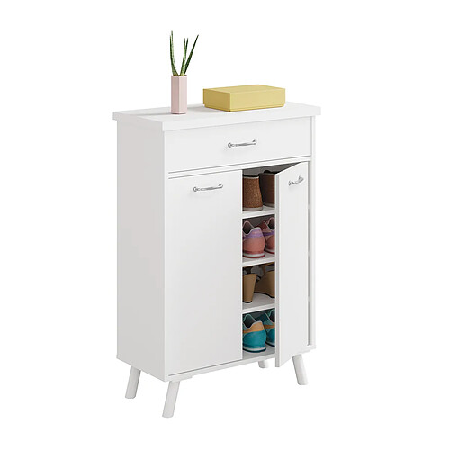 Pegane Commode Meuble à chaussures avec 2 portes et tiroir coloris blanc - Hauteur 99 x Longueur 65 x Profondeur 35 cm