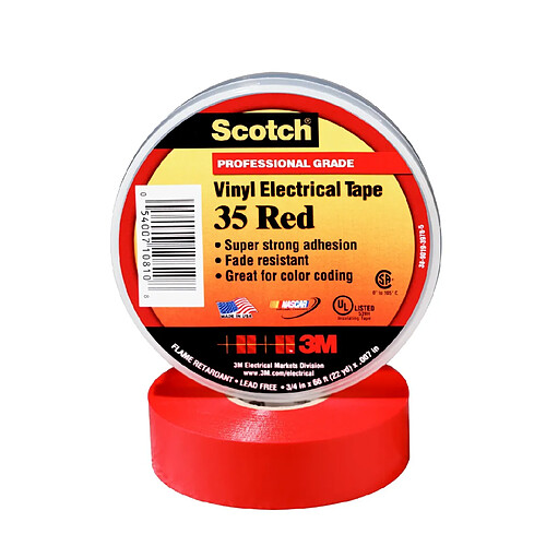 ruban adhésif vinyle - 3m scotch 35 - rouge - 19 mm x 20 mètres - 3m 80055