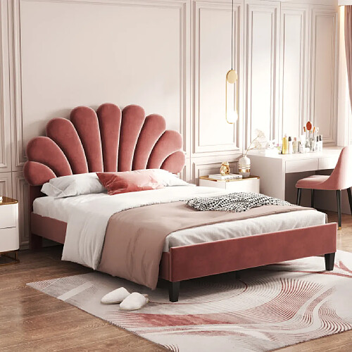 LBF Lit double rembourré 140x200 cm avec sommier à lattes, cadre de lit rembourré avec tête de lit réglable en forme de fleur, tissu velours pour adulte et adolescent, sans matelas, rouge haricots