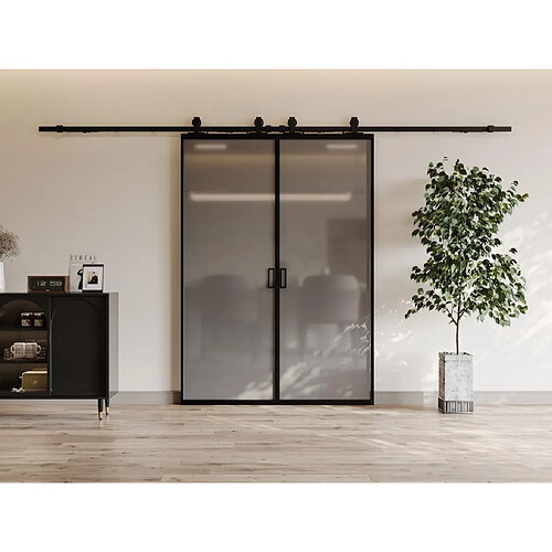 Vente-Unique Porte coulissante double avec système en applique - aluminium et verre trempé fumé dépoli - 2 x H205 x L83 cm - LINCI II