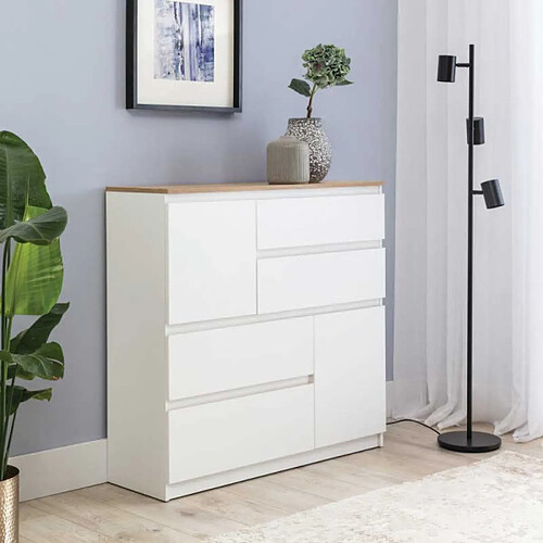 Dansmamaison Commode 2 portes battantes 4 tiroirs Blanc/Bois - QIZ