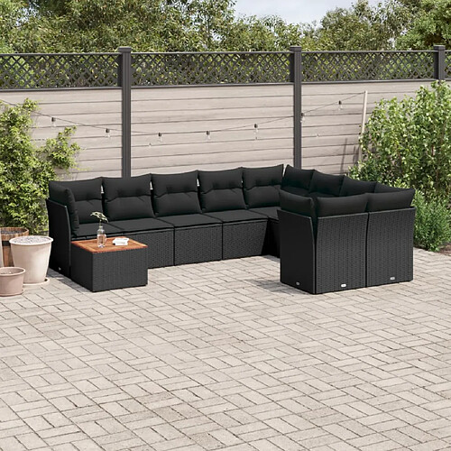 vidaXL Salon de jardin 10 pcs avec coussins noir résine tressée