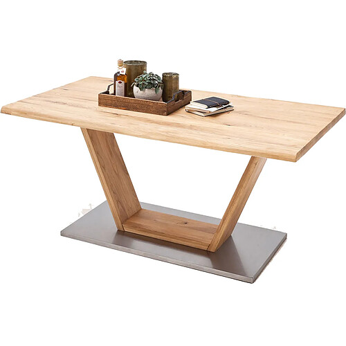 Table à manger en bois massif bord d'arbre, pieds en V - L.220 x H.77 x P.100 cm -PEGANE-