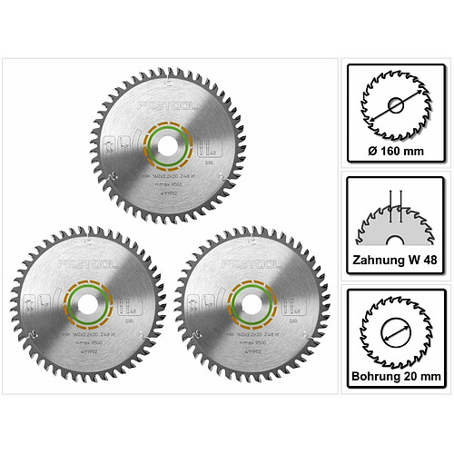 Festool HW Lames de scie denture fine 160 x 20 x 2,2 mm W48 160 mm - 48 Dents ( 3 x 491952 )