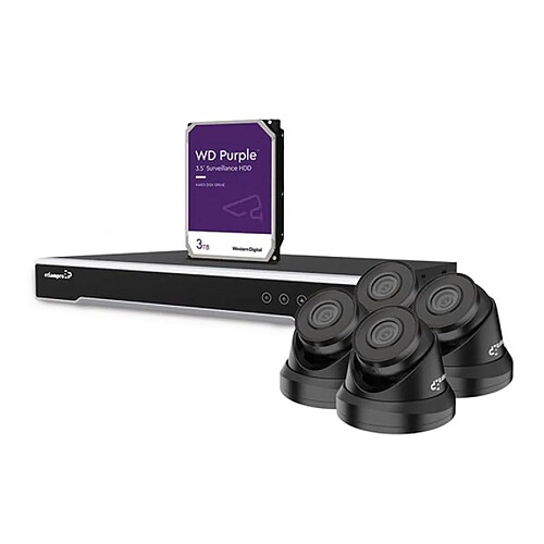 Perel Kit vidéosurveillance IP 4MP - enregistreur NVR 8 canaux - 4x caméras dôme IP noire - 3To HD - câbles