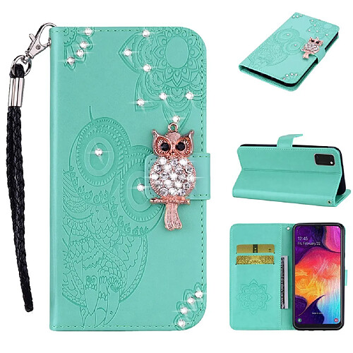 Etui en PU décor de strass imprimé hibou vert pour votre Samsung Galaxy A41 (Global Version)