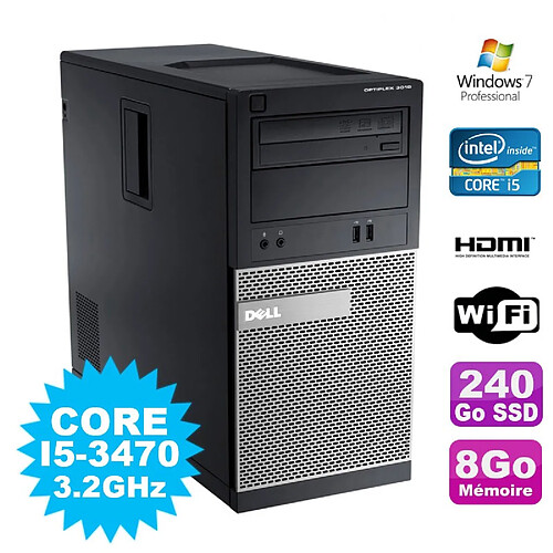 PC Tour DELL Optiplex 3010 MT Intel I5-3470 Graveur 8Go 240Go SSD HDMI Wifi W7 · Occasion