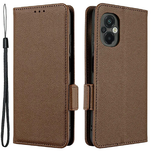 Etui en PU texture litchi, fermoir magnétique double avec support pour votre Xiaomi Poco M5 4G - marron