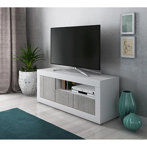 Alter Meuble TV de salon, Buffet avec étagères et étagères, Meuble TV de salon, 137x42h56 cm, Couleur Blanc et Ciment