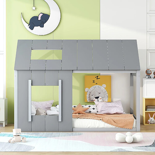 KOMHTOM Lit Simple Enfant 90 X 200 cm - Forme De Maison - Gris Foncé + Clair