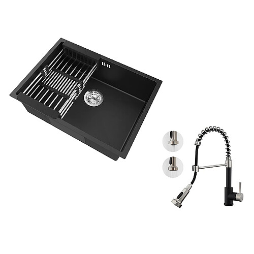 Auralum MAX Évier Cuisine 1 Bac 60*44*20CM,inox 304,à Encastrer/sous-plan avec Panier Drainage,Noir+Robinet Cuisine Ressort avec Douchette Extensible,2 Modes