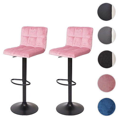 Mendler 2x Tabouret de bar HWC-G87, chaise bar/comptoir, réglable en hauteur ~ velours rose, pied noir