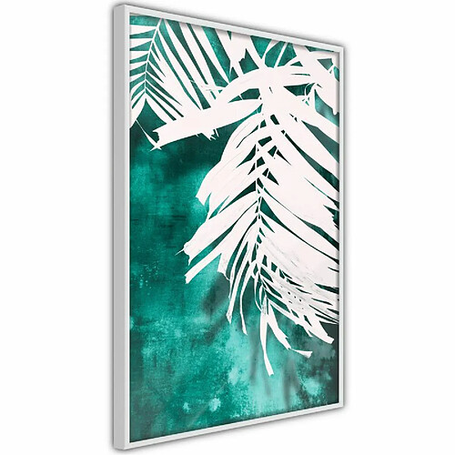 Paris Prix Affiche Murale Encadrée White Palm on Teal Background 30 x 45 cm Blanc